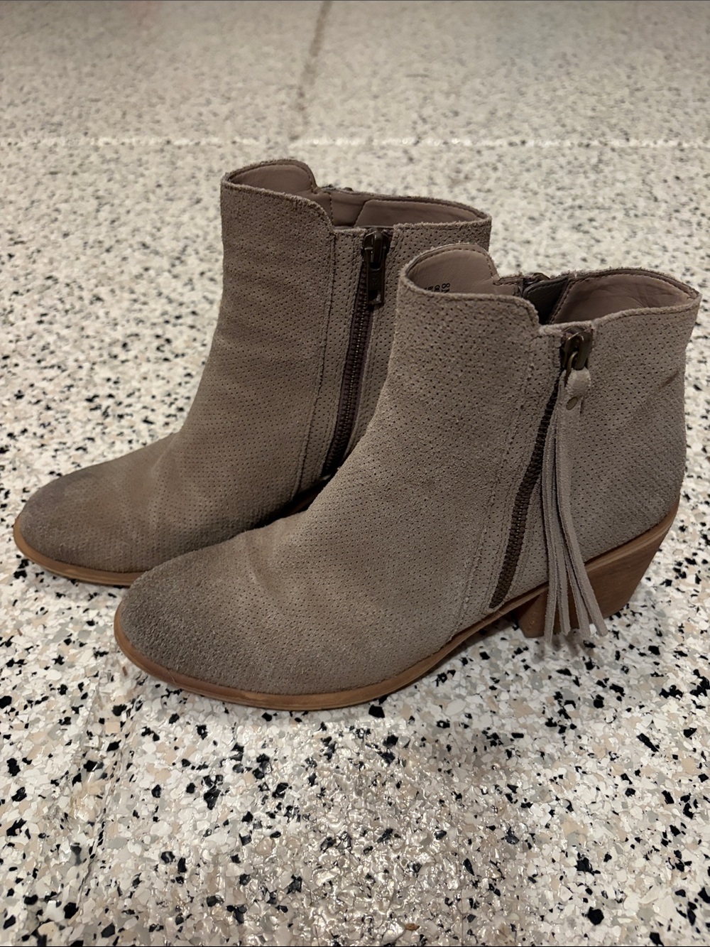 hinge Taupe Suede Tassel Zip Ankle Booties